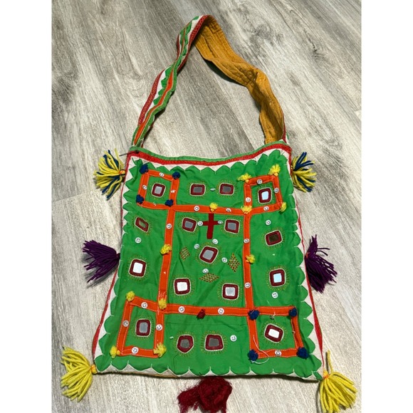 Boho Mirror Embellished Shoulder Bag Green‎ Tassels Handcrafted Bohemian - Picture 3 of 7